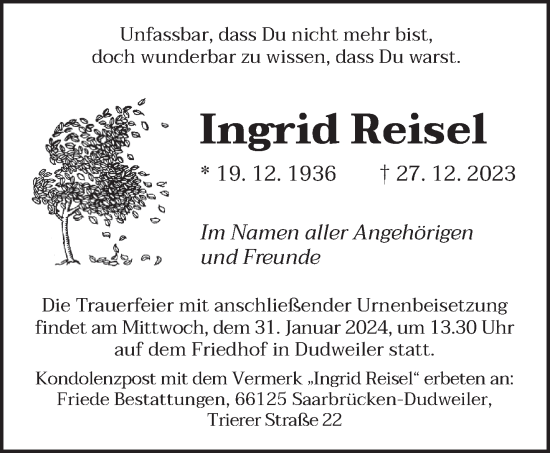 Todesanzeige von Ingrid Reisel von saarbruecker_zeitung