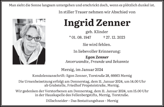 Todesanzeige von Ingrid Zenner von saarbruecker_zeitung