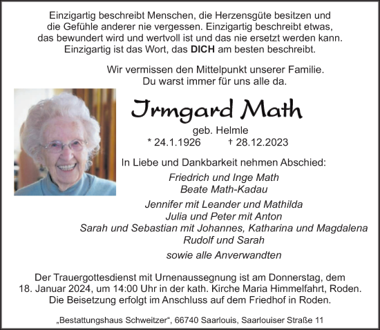 Todesanzeige von Irmgard Math von saarbruecker_zeitung