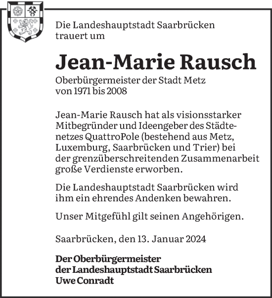 Todesanzeige von Jean-Marie Rausch von saarbruecker_zeitung