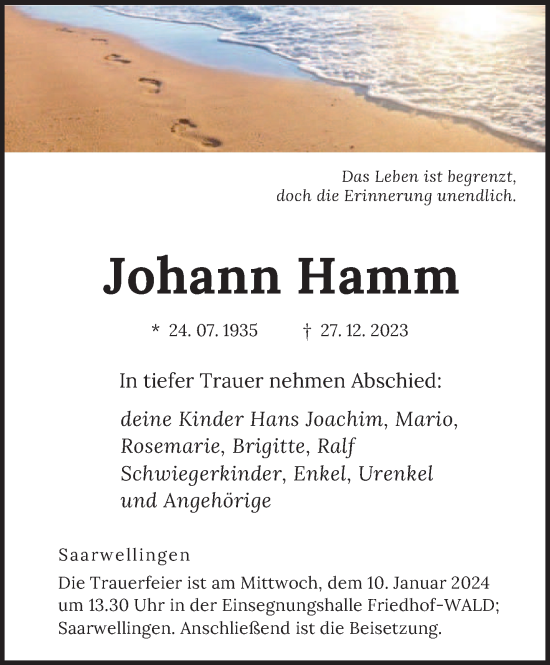 Todesanzeige von Johann Hamm von saarbruecker_zeitung