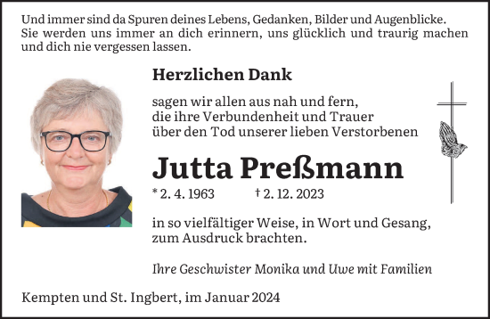 Todesanzeige von Jutta Preßmann von saarbruecker_zeitung