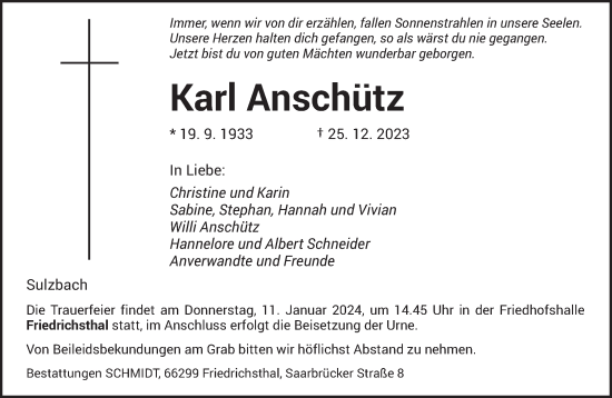 Todesanzeige von Karl Anschütz von saarbruecker_zeitung