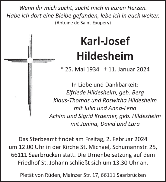 Todesanzeige von Karl-Josef Hildesheim von saarbruecker_zeitung