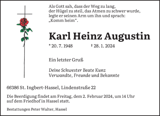 Todesanzeige von Karl Heinz Augustin von saarbruecker_zeitung