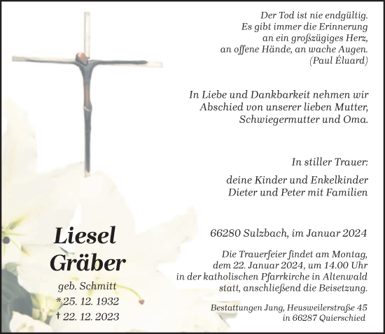 Todesanzeige von Liesel Gräber von saarbruecker_zeitung