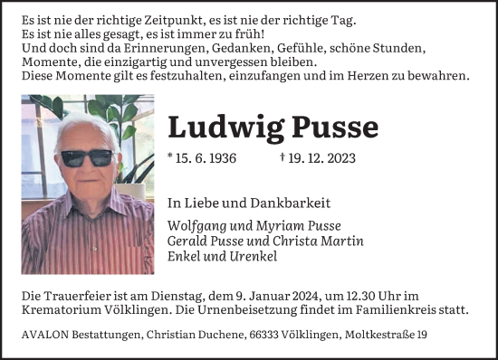 Todesanzeige von Ludwig Pusse von saarbruecker_zeitung