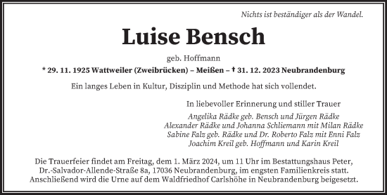Todesanzeige von Luise Bensch von saarbruecker_zeitung