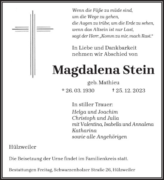 Todesanzeige von Magdalena Stein von saarbruecker_zeitung