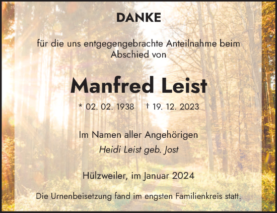 Todesanzeige von Manfred Leist von saarbruecker_zeitung