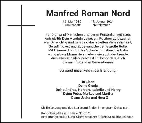 Todesanzeige von Manfred Roman Nord von saarbruecker_zeitung