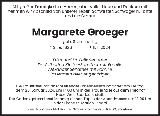 Todesanzeige von Margarete Groeger von saarbruecker_zeitung