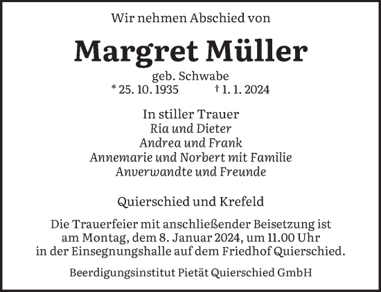 Todesanzeige von Margret Müller von saarbruecker_zeitung