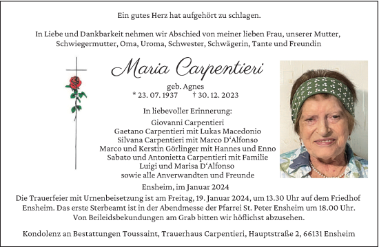 Todesanzeige von Maria Carpentieri von saarbruecker_zeitung