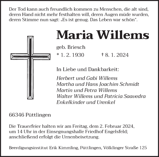 Todesanzeige von Maria Willems von saarbruecker_zeitung