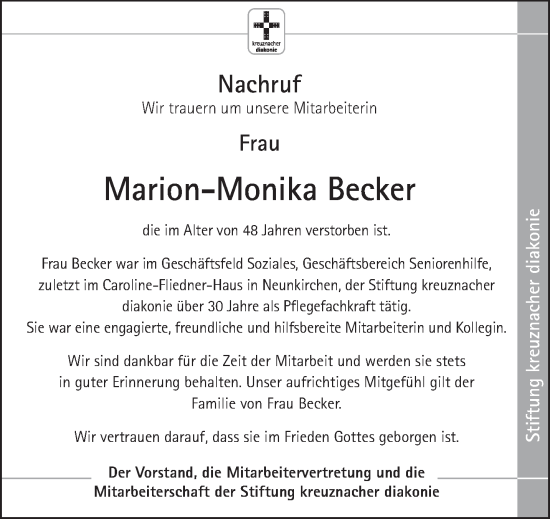 Todesanzeige von Marion-Monika Becker von saarbruecker_zeitung