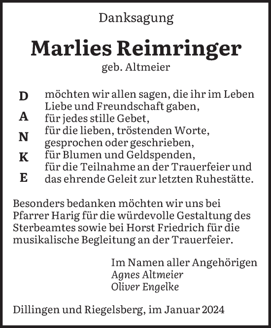 Todesanzeige von Marlies Reimringer von saarbruecker_zeitung