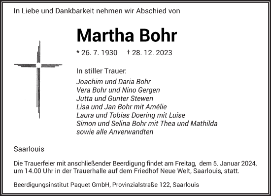 Todesanzeige von Martha Bohr von saarbruecker_zeitung