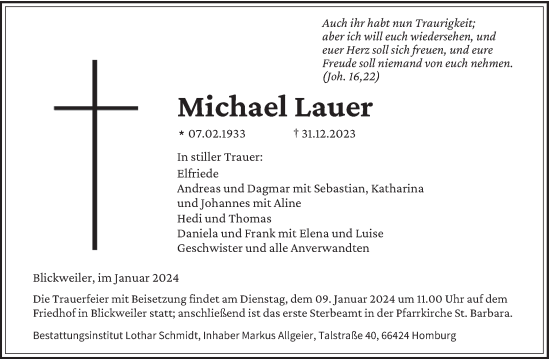 Todesanzeige von Michael Lauer von saarbruecker_zeitung