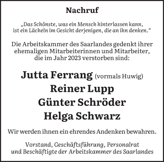 Todesanzeige von Nachruf Arbeitskammer des Saarlandes von saarbruecker_zeitung