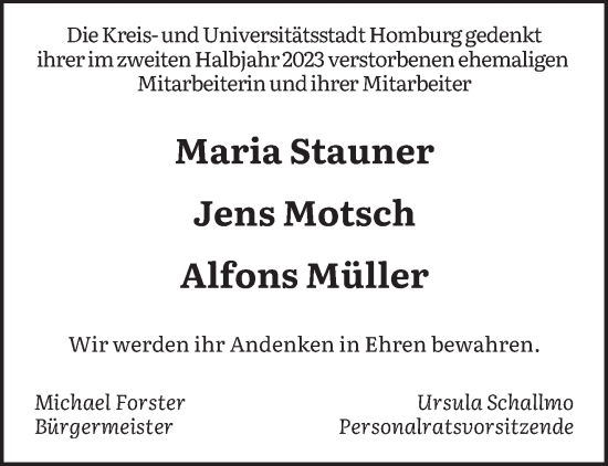 Todesanzeige von Nachruf Kreis-undUniversitätsstadt Homburg von saarbruecker_zeitung