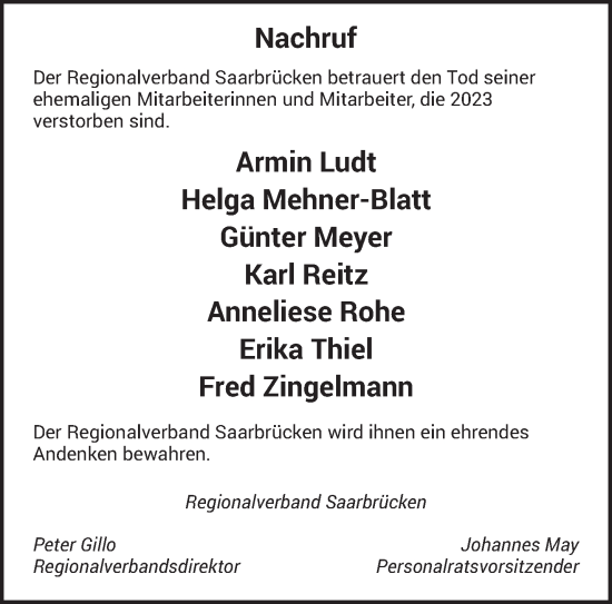 Todesanzeige von Nachruf Regionalverband Saarbrücken von saarbruecker_zeitung