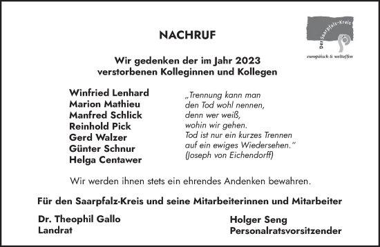 Todesanzeige von Nachruf Saarpfalz-Kreis von saarbruecker_zeitung