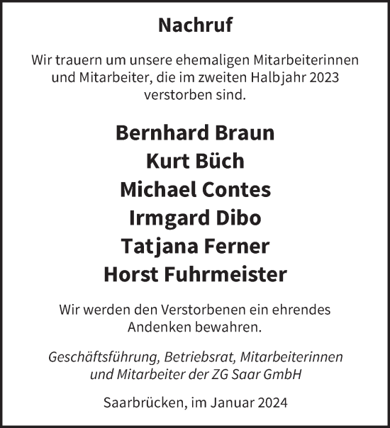 Todesanzeige von Nachruf ZG Saar GmbH von saarbruecker_zeitung