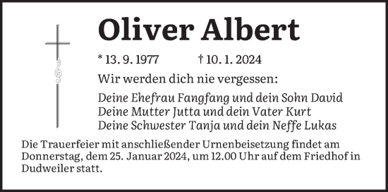 Todesanzeige von Oliver Albert von saarbruecker_zeitung