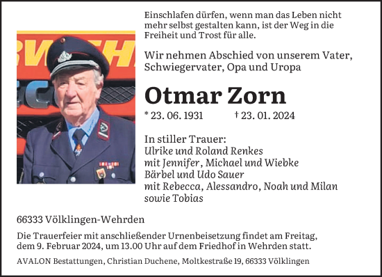 Todesanzeige von Otmar Zorn von saarbruecker_zeitung