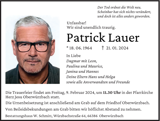 Todesanzeige von Patrick Lauer von saarbruecker_zeitung