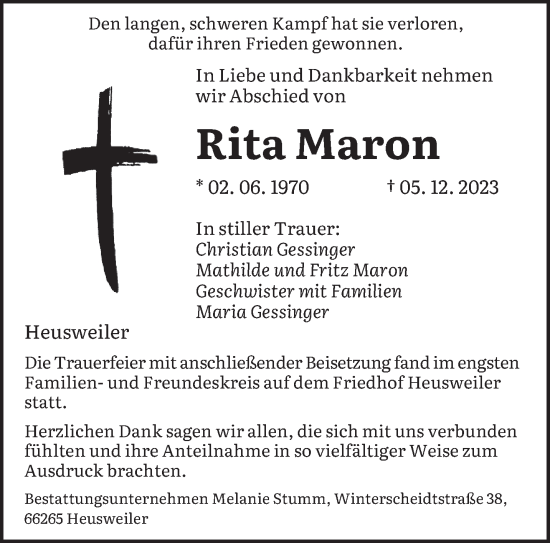 Todesanzeige von Rita Maron von saarbruecker_zeitung