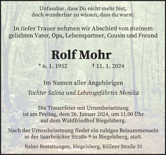 Todesanzeige von Rolf Mohr von saarbruecker_zeitung