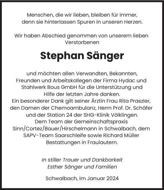 Todesanzeige von Stephan Sänger von saarbruecker_zeitung