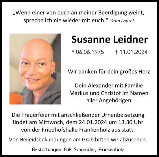 Todesanzeige von Susanne Leidner von saarbruecker_zeitung
