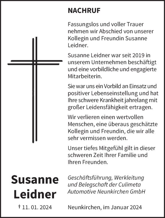 Todesanzeige von Susanne Leidner von saarbruecker_zeitung