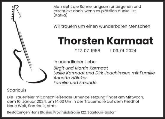 Todesanzeige von Thorsten Karmaat von saarbruecker_zeitung