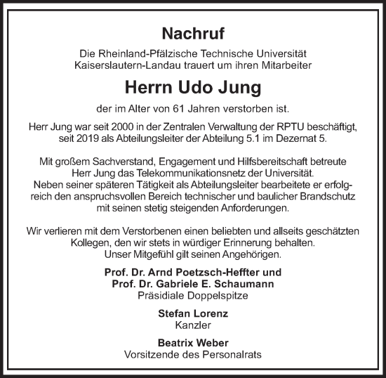 Todesanzeige von Udo Jung von saarbruecker_zeitung