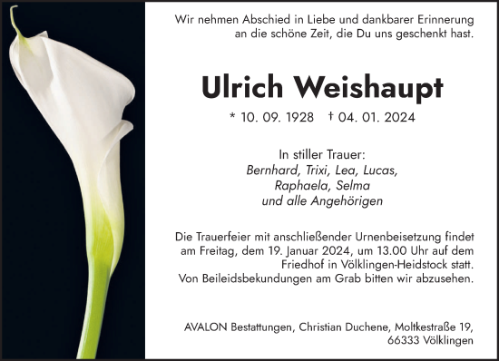 Todesanzeige von Ulrich Weishaupt von saarbruecker_zeitung