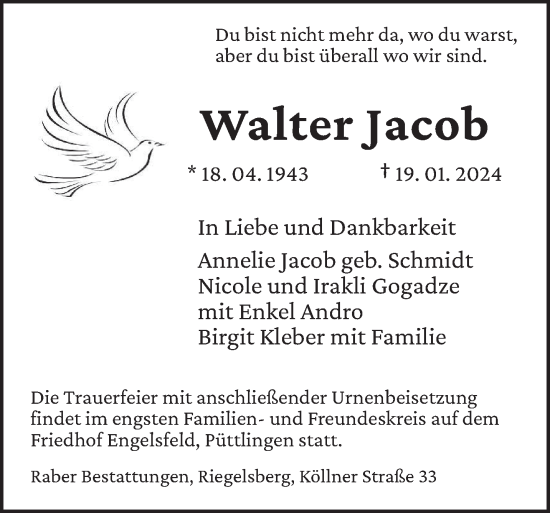 Todesanzeige von Walter Jacob von saarbruecker_zeitung
