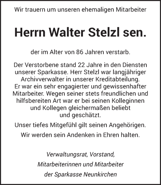 Todesanzeige von Walter Stelzl von saarbruecker_zeitung