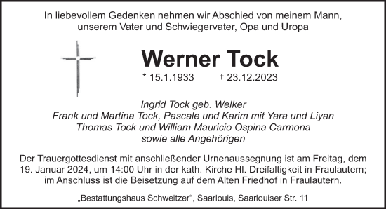 Todesanzeige von Werner Tock von saarbruecker_zeitung