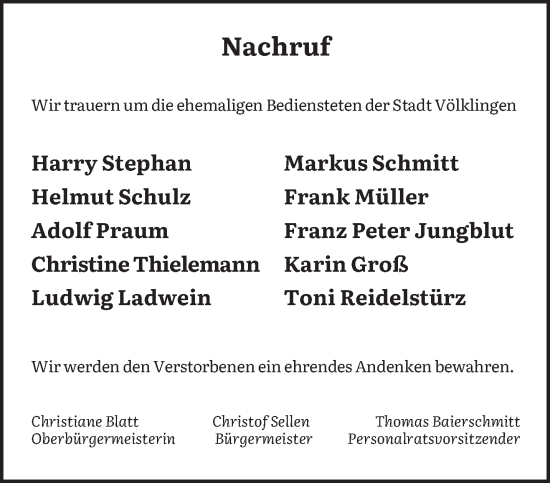 Todesanzeige von Wir trauern um die ehemaligen Bediensteten der Stadt Völklingen  von saarbruecker_zeitung