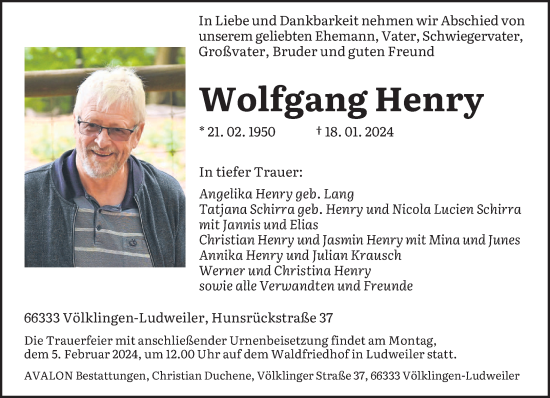 Todesanzeige von Wolfgang Henry von saarbruecker_zeitung