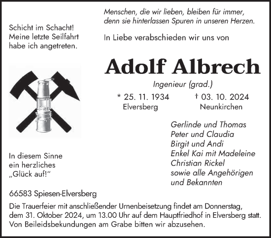 Todesanzeige von Adolf Albrech von saarbruecker_zeitung