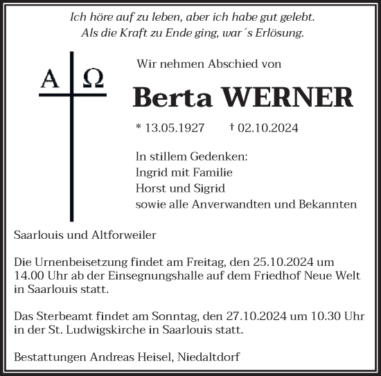Todesanzeige von Berta Werner von saarbruecker_zeitung