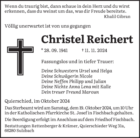 Todesanzeige von Christel Reichert von saarbruecker_zeitung