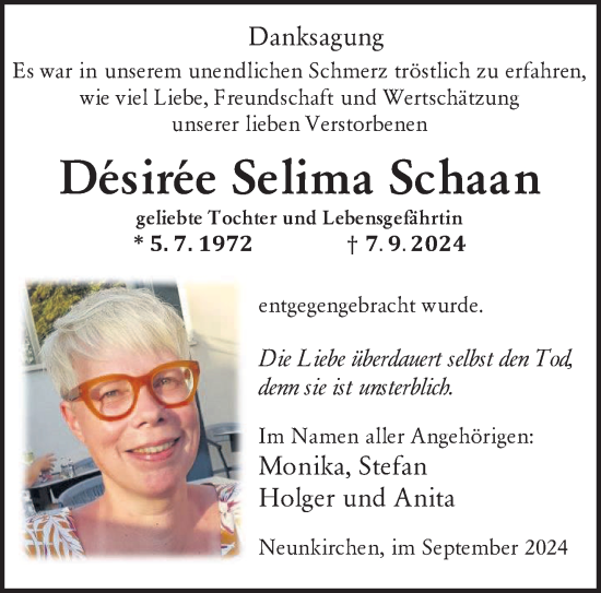 Todesanzeige von Désirée Selima Schaan von saarbruecker_zeitung