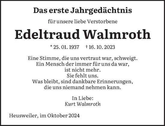 Todesanzeige von Edeltraud Walmroth von saarbruecker_zeitung