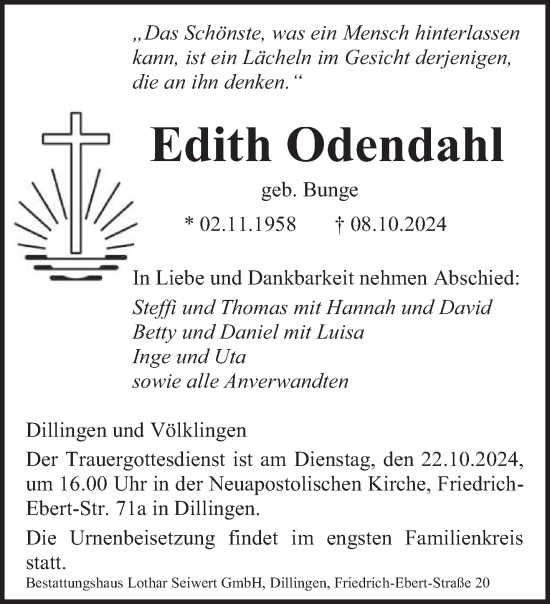 Todesanzeige von Edith Odendahl von saarbruecker_zeitung